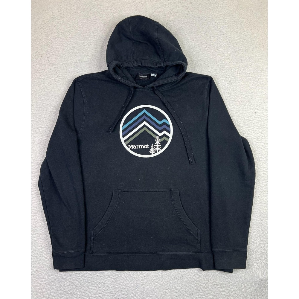 Marmot Hoodie Sweatshirt Mens XL Black Pullover Graphic Mountain Logo Outdoors